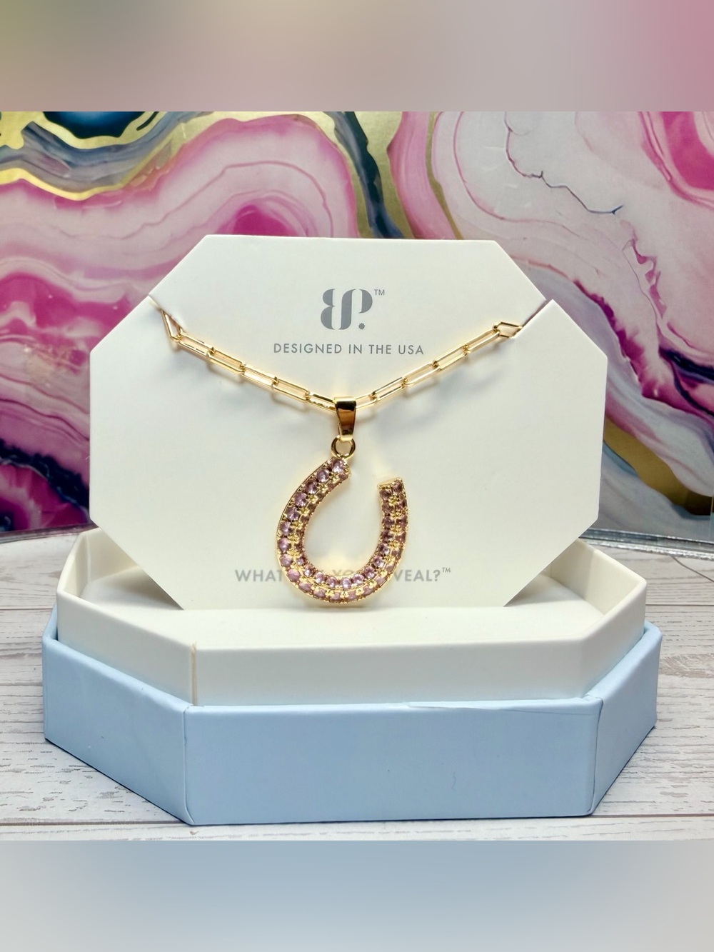 Bomb Party New OG Necklace- Pink Sapphire Horseshoe on Gold NK46686